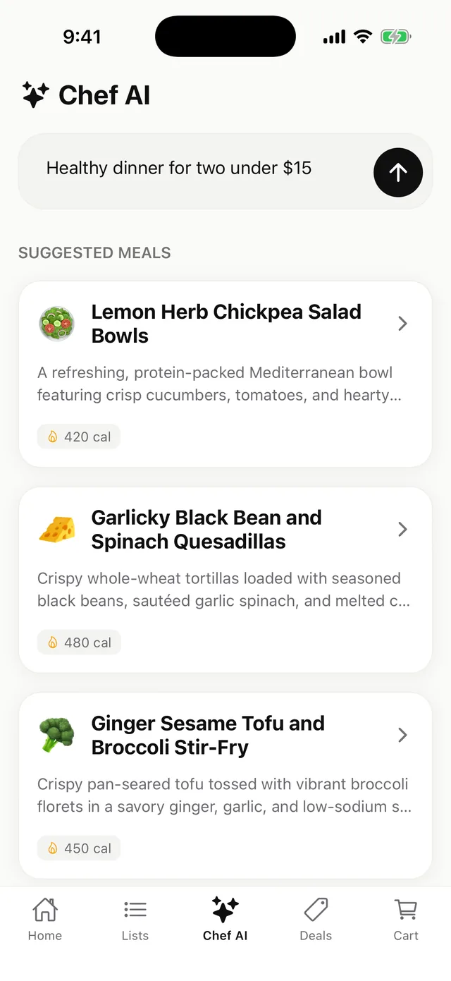 Chef AI meal ideas for the request “Healthy dinner for two under $15”, with calories