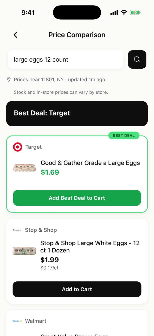 CartPilot comparing the price of a dozen eggs at stores near you