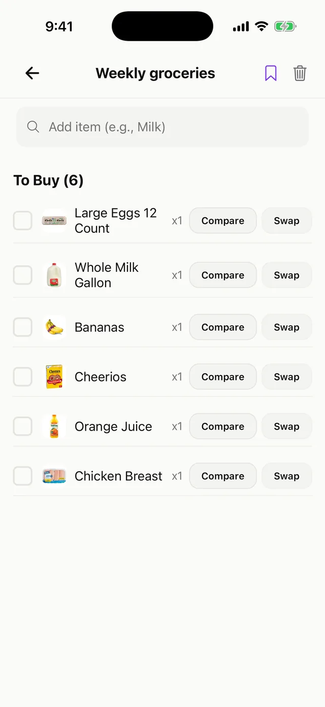 A Weekly groceries list with eggs, milk, bananas, Cheerios, orange juice and chicken breast, each with a product photo and a Compare button