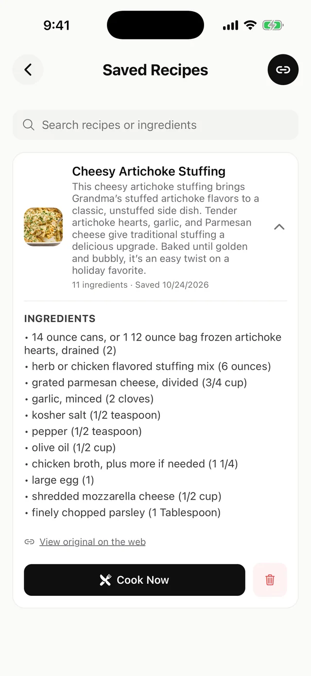 A cheesy artichoke stuffing recipe imported from a recipe blog, with its ingredient list and a Cook Now button