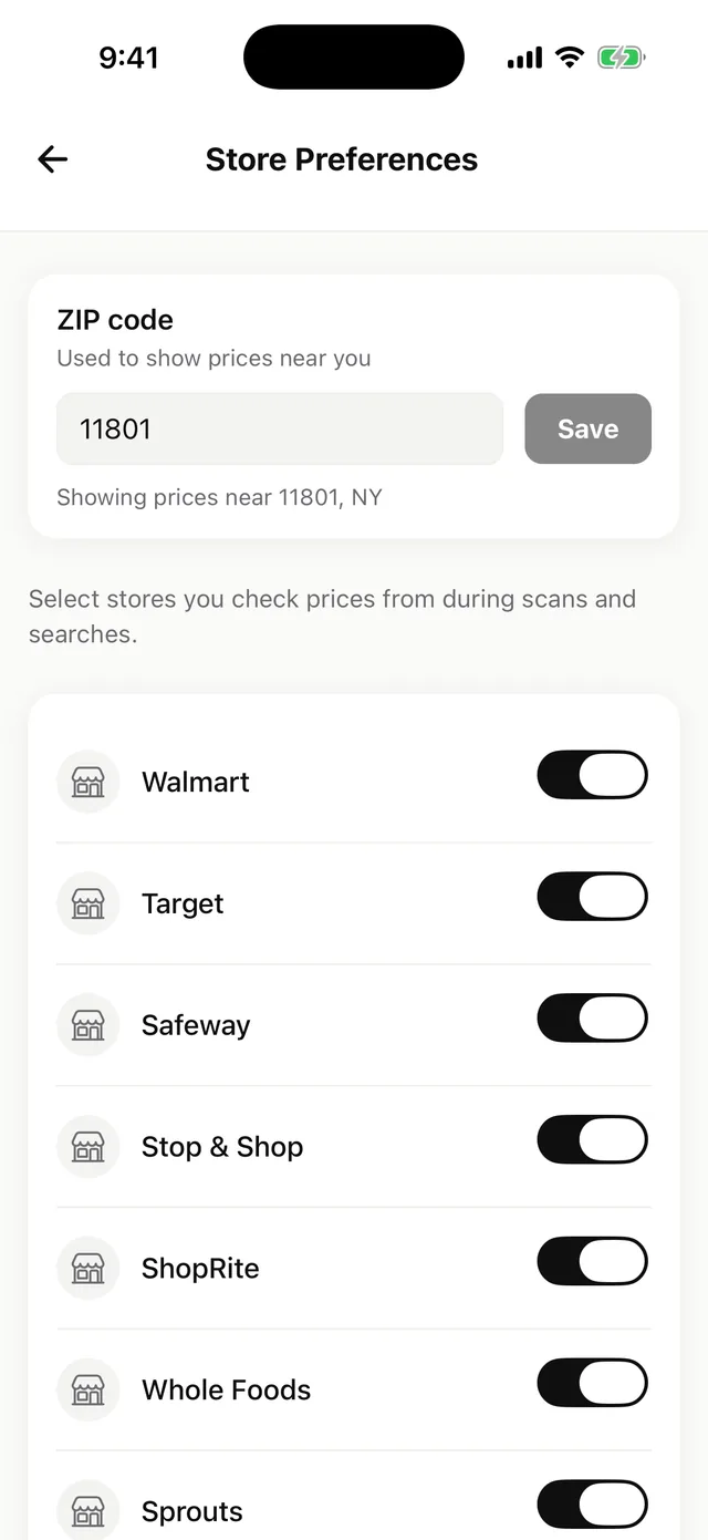 Store Preferences screen with ZIP code 11801 entered, showing prices near 11801, NY